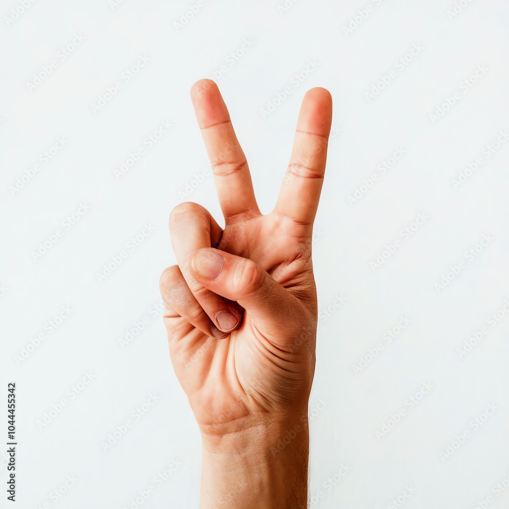 A hand making a peace sign gesture against a white background. A hand making a peace sign gesture against a white background.