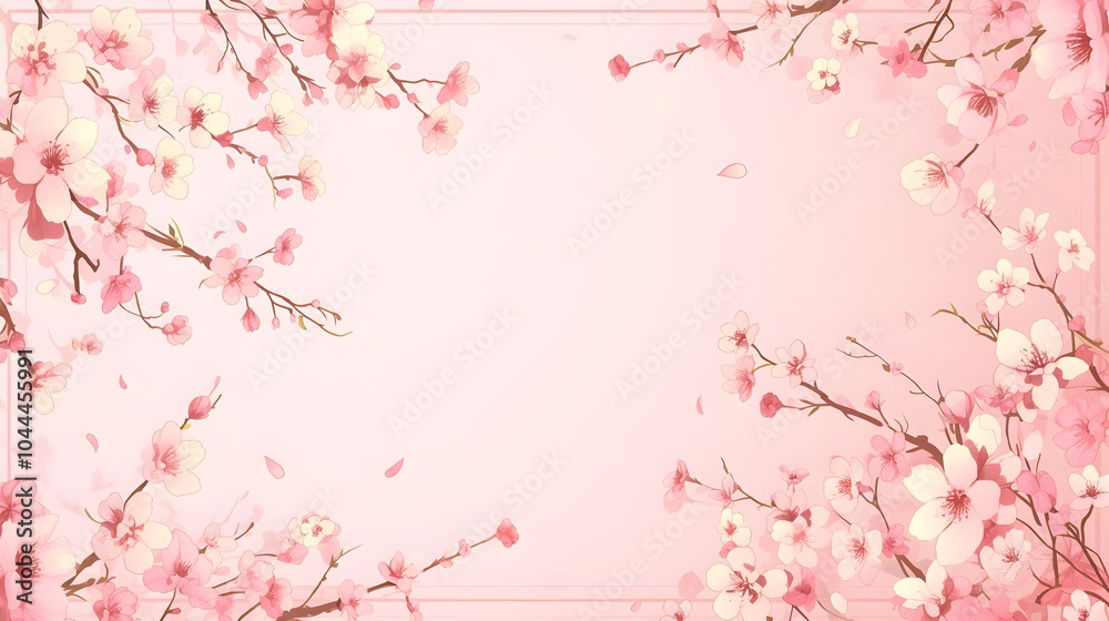 A vivid pink greeting card with simple cartoon-style cherry blossom branches in full bloom, framing a blank white center, perfect for any occasion.
