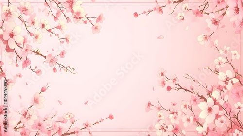 Obraz na płótnie A vivid pink greeting card with simple cartoon-style cherry blossom branches in full bloom, framing a blank white center, perfect for any occasion. w salonie