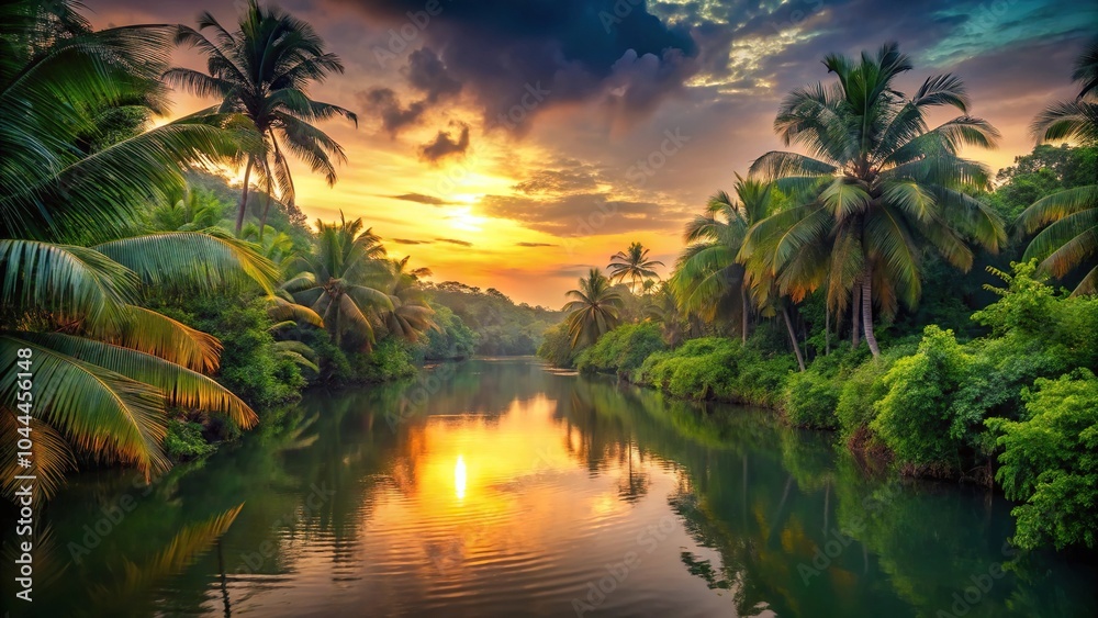 Obraz premium Serene tropical sunset over lush jungle river