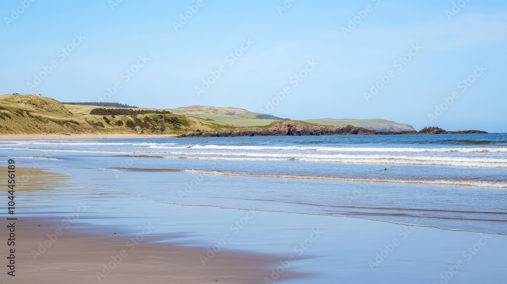 Serene Beach Scene with Gentle Waves and Clear Sky Serene Beach Scene with Gentle Waves and Clear Sky