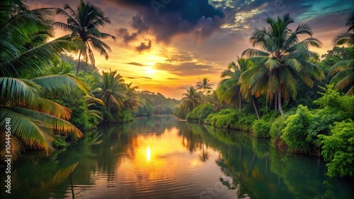 Fototapeta Naklejka Na Ścianę i Meble -  Serene tropical sunset over lush jungle river