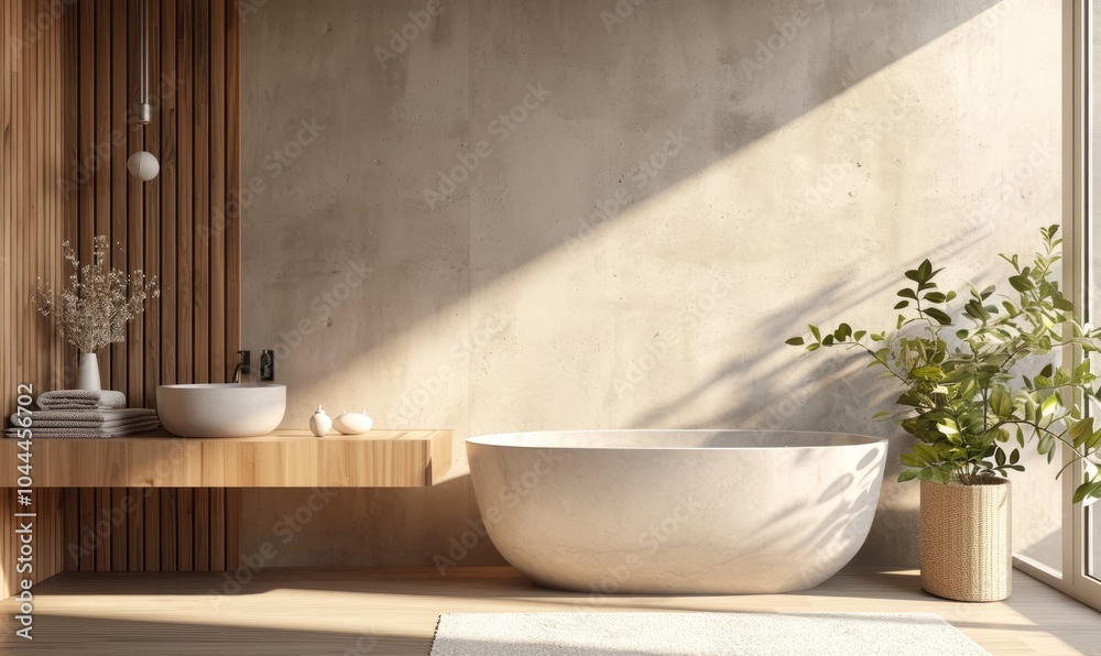 Bathtub near houseplant and hanging counter with sink, towel, soup on top, wooden panel accent on beige concrete wall