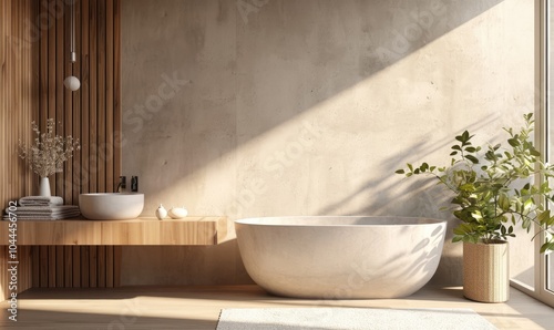 Obraz na płótnie Bathtub near houseplant and hanging counter with sink, towel, soup on top, wooden panel accent on beige concrete wall w salonie