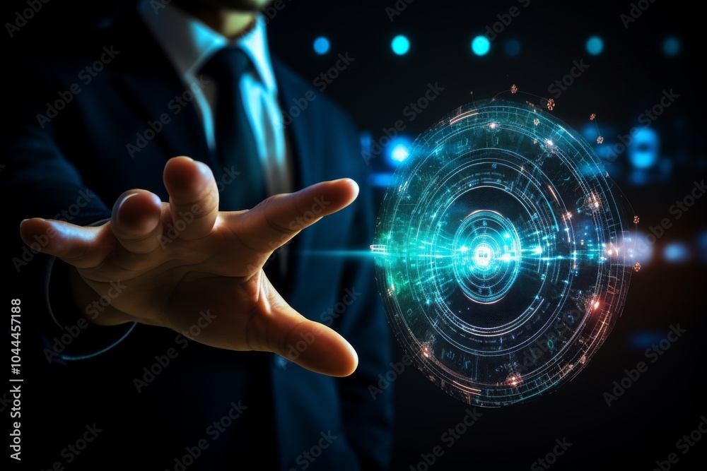 Businessman Reaching Out to a Holographic Sphere of Data Businessman Reaching Out to a Holographic Sphere of Data