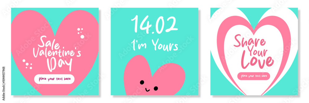 Set of Trendy Happy Valentine's Day with romantic cute pink heart for event, sale, advertising, brochures, postcard, greeting card, flyer, banners or mobile social post. vector illustration. Set of Trendy Happy Valentine's Day with romantic cute pink heart for event, sale, advertising, brochures, postcard, greeting card, flyer, banners or mobile social post. vector illustration.