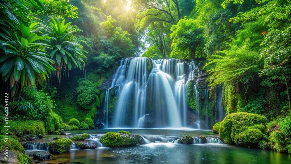 Fototapeta premium Serene waterfall cascading through lush greenery panoramic