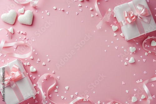 Pink Valentines Day Background With Gifts and Hearts