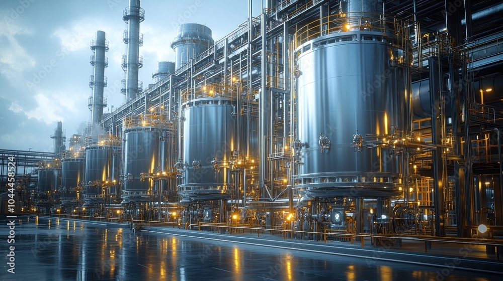 Industrial facility with large storage tanks and illuminated pipelines. Industrial facility with large storage tanks and illuminated pipelines.
