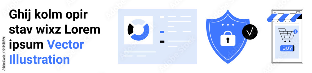 Analytics dashboard, secure shield icon and e-commerce checkout screen. Ideal for data security, online transactions, business analytics, digital marketing, and cybersecurity. Banner for landing page Analytics dashboard, secure shield icon and e-commerce checkout screen. Ideal for data security, online transactions, business analytics, digital marketing, and cybersecurity. Banner for landing page