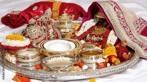 A traditional pooja thali arrangement with a decorated coconut, betel leaves, and kumkum, designed with ample space for religious text or festive messages. photo