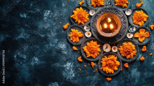 A traditional pooja thali arrangement with a decorated coconut, betel leaves, and kumkum, designed with ample space for religious text or festive messages. photo