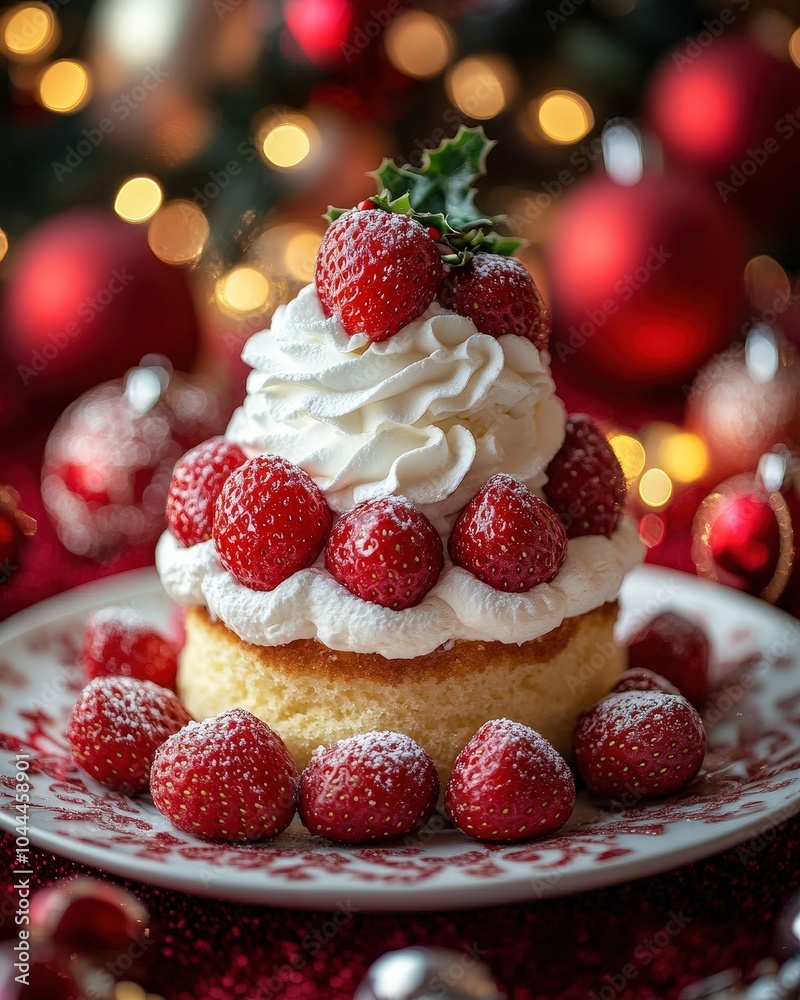 Delicious Strawberry Shortcake with Whipped Cream and Festive Lights Delicious Strawberry Shortcake with Whipped Cream and Festive Lights