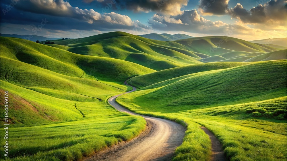 Obraz premium Serene winding path through rolling green hills macro