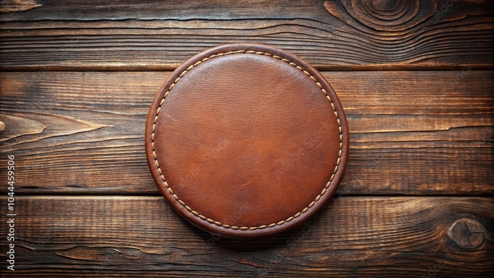 Round leather coaster on wooden table Round leather coaster on wooden table