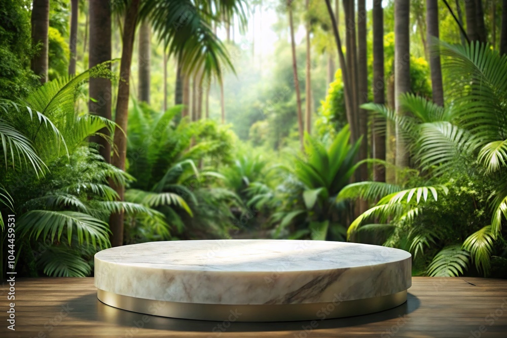 Fototapeta premium Round marble podium in a tropical forest setting with a tilted angle