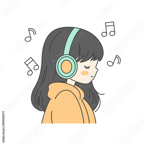 Cute Girl Cartoon Character Listening Music with Headphone