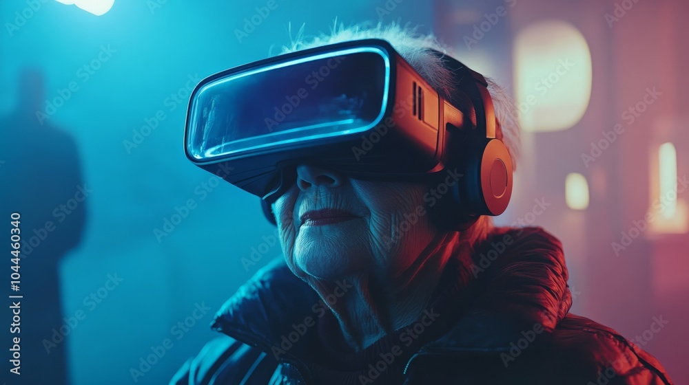 An elderly woman enjoys virtual reality, wearing a VR headset, amidst colorful lighting, showcasing technology's reach across generations. An elderly woman enjoys virtual reality, wearing a VR headset, amidst colorful lighting, showcasing technology's reach across generations.