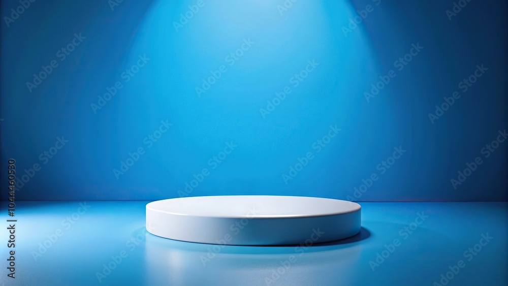 Round white podium on blue background at tilted angle Round white podium on blue background at tilted angle