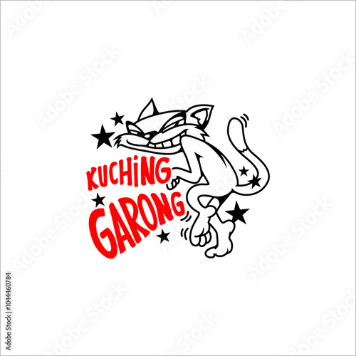A cat walking slowly with caption Kuching robber. This can be used as a graphic design