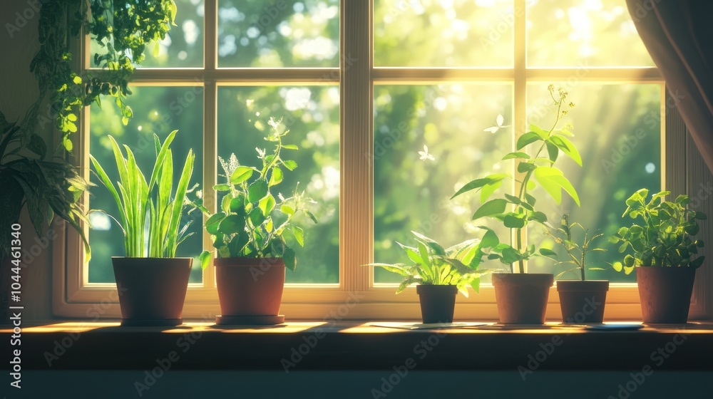 Sunlight streaming through a window, illuminating potted plants Sunlight streaming through a window, illuminating potted plants