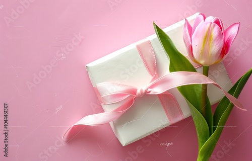 Pink Tulip and Gift Box on a Pink Background photo