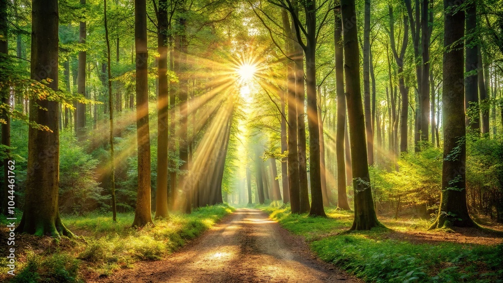 Serene woodland path with sunlight streaming through dense trees Serene woodland path with sunlight streaming through dense trees