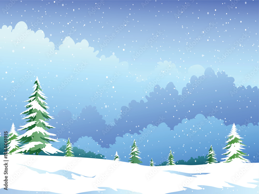 Snowy Hill Landscape with Snowflakes Falls from the Blue Sky Snowy Hill Landscape with Snowflakes Falls from the Blue Sky