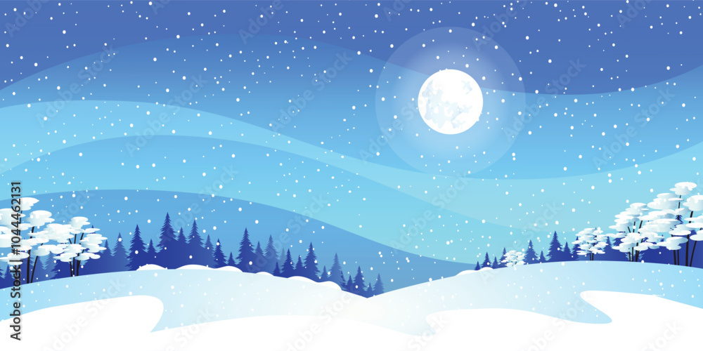 Fototapeta premium Snowy Night with Moonlight and Pines Forest Along the Downhill Winter Landscape