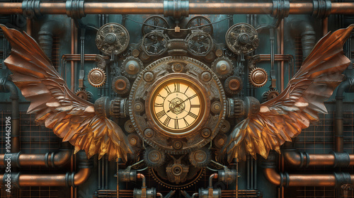 A vibrant steampunk card with intricate gears, pipes, and machinery, all in bronze and copper hues. A glowing clock at the center with mechanical wings stretching outward, symbolizing time in motion.
