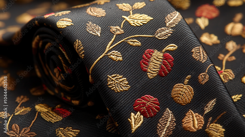 Elegant autumn themed tie featuring intricate embroidery of leaves and vegetables, perfect for Thanksgiving celebrations Elegant autumn themed tie featuring intricate embroidery of leaves and vegetables, perfect for Thanksgiving celebrations
