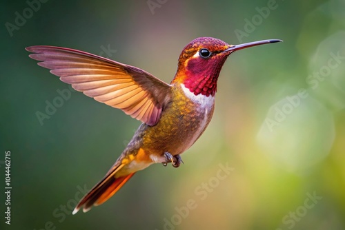 Ruby Topaz hummingbird hovering with tail flared against smooth background photo