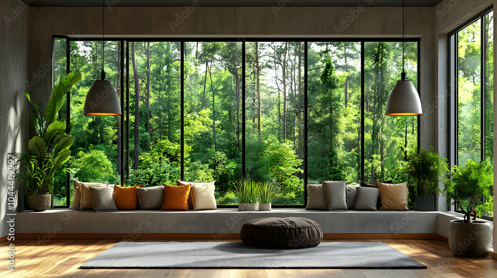 Fototapeta premium 3D Rendering of a Modern Living Room with Large Windows and a View of the Forest