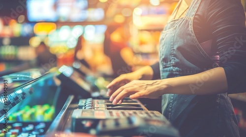 Close-up of a friendly cashier at a modern convenience store. Retail, customer service, cashier, checkout, scanning,fast, satisfied,merchandise, transaction, young people, housewife, student,diversity photo