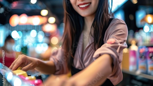 Close-up of a friendly cashier at a modern convenience store. Retail, customer service, cashier, checkout, scanning,fast, satisfied,merchandise, transaction, young people, housewife, student,diversity photo