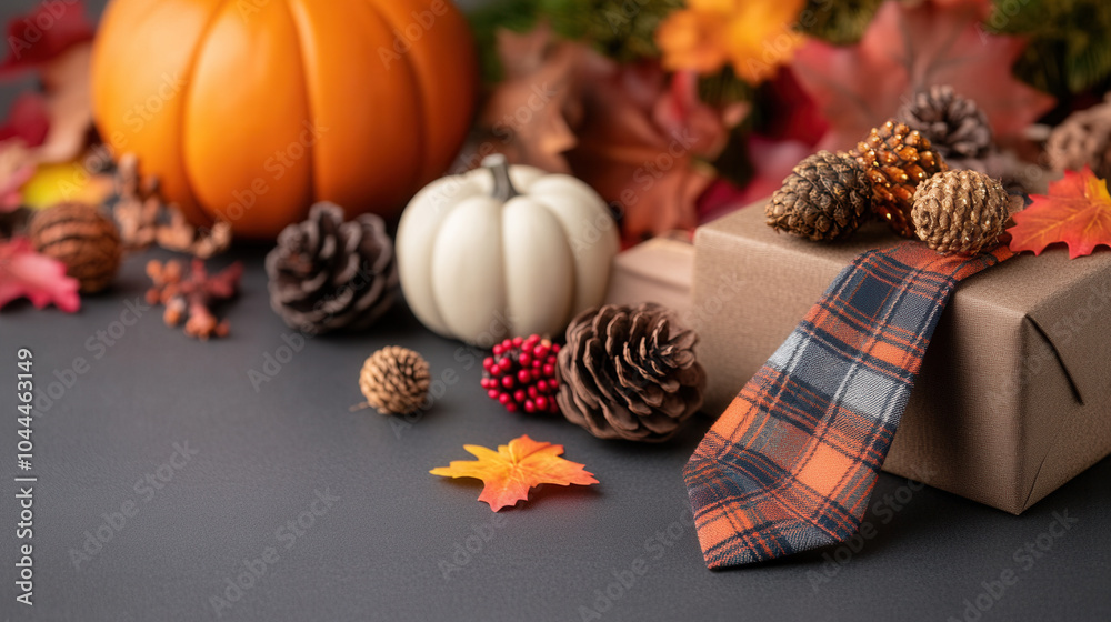 Thanksgiving tie with subtle plaid design, pumpkin, and autumn leaves create warm, festive atmosphere. Perfect for seasonal celebrations and gatherings Thanksgiving tie with subtle plaid design, pumpkin, and autumn leaves create warm, festive atmosphere. Perfect for seasonal celebrations and gatherings