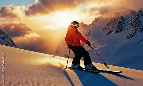 Skier going downhill in the mountains