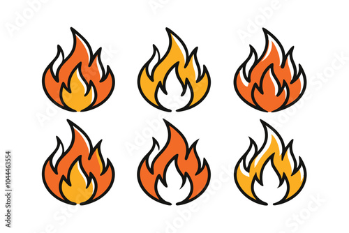 Set of fire icons in doodle style. Hand drawn flames. Vector linear illustration on white background