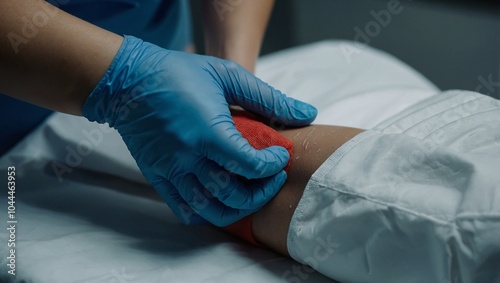 A nurse with blue gloves doing bandage on a wound on a person's foot, Generative AI

