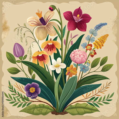 vintage floral greeting card illustration with orchids, tulips, wildflowers, and plants on aged paper. Let me know if you'd like any modifications