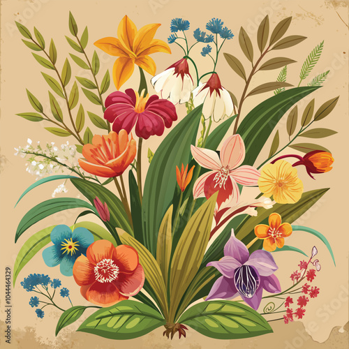 vintage floral greeting card illustration with orchids, tulips, wildflowers, and plants on aged paper. Let me know if you'd like any modifications