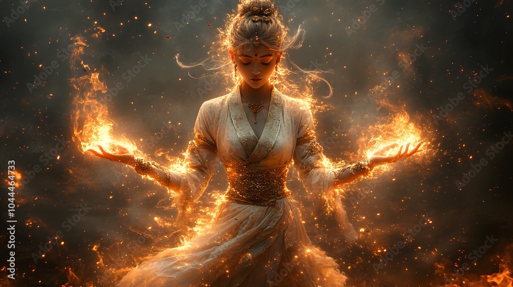 Naklejka premium Enchanting Woman Creating Magic with Fire
