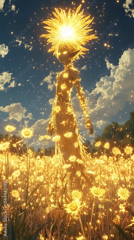 Obraz premium Ethereal Being Amidst a Field of Glowing Flowers