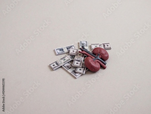 human kidney model with miniature banknote. sell , buy human organ.  organ trafficking,  illegal trade. medical concept