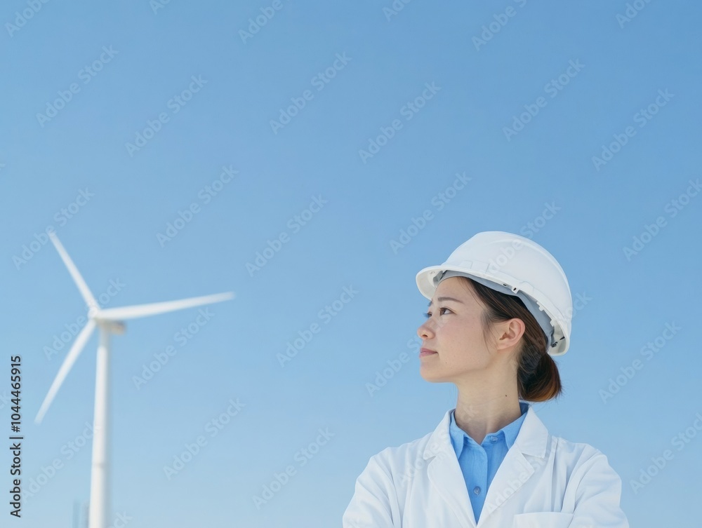 Female Engineer in Hard Hat Observing Wind Turbine on Rooftop, Clear Sky Background (117 characters) Female Engineer in Hard Hat Observing Wind Turbine on Rooftop, Clear Sky Background (117 characters)