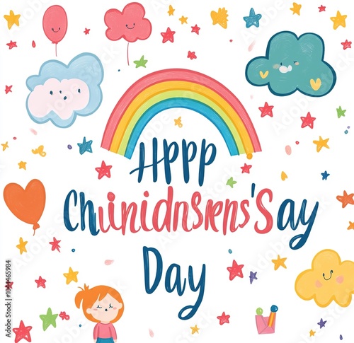Children's Day postcard with flying balloons bunch and gift box on blue sky background.