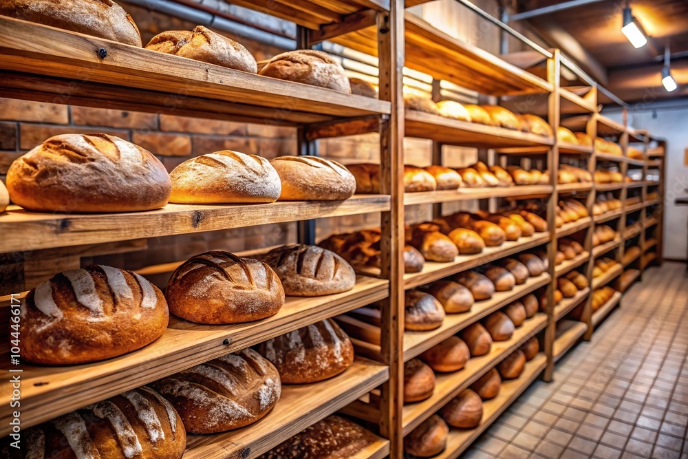 Rustic bread displayed on shelves at an artisan bakery, wide-angle shot Rustic bread displayed on shelves at an artisan bakery, wide-angle shot