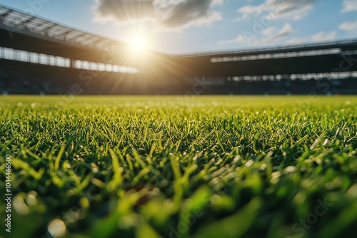 A soccer stadium bathed in summer sunlight, showcasing a vibrant atmosphere.