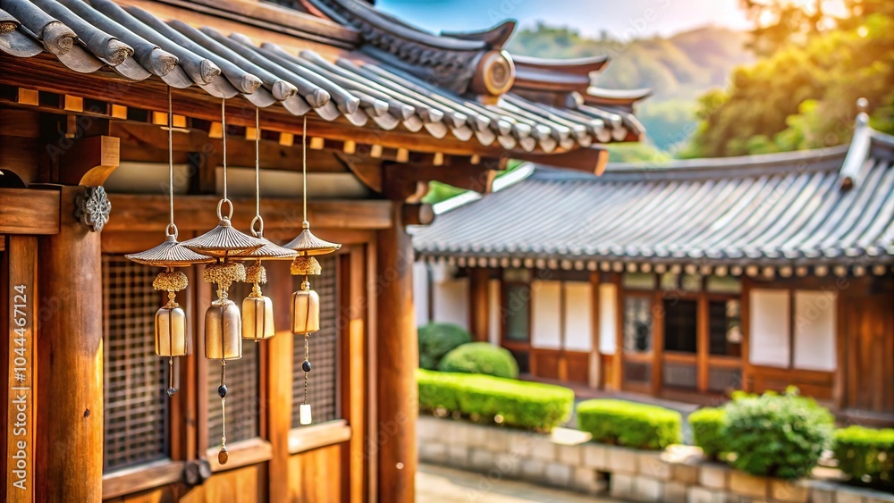 Serenity of traditional Korean Hanok home enhanced by wind chimes close-up Serenity of traditional Korean Hanok home enhanced by wind chimes close-up