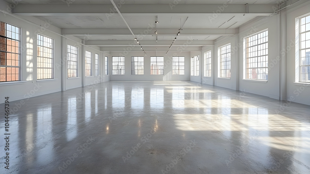 Fototapeta premium Empty Modern Loft Interior with Large Windows and Concrete Floor - 3D Rendering